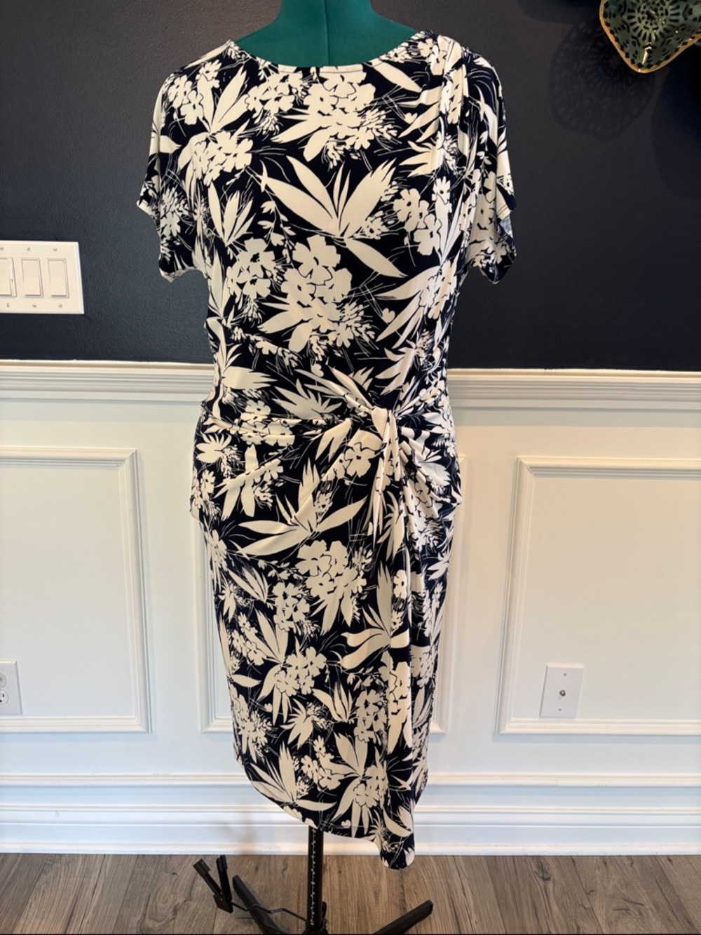 Ralph Lauren Navy White Floral Midi Dress Tie Waist Sleeveless Draped Size 16